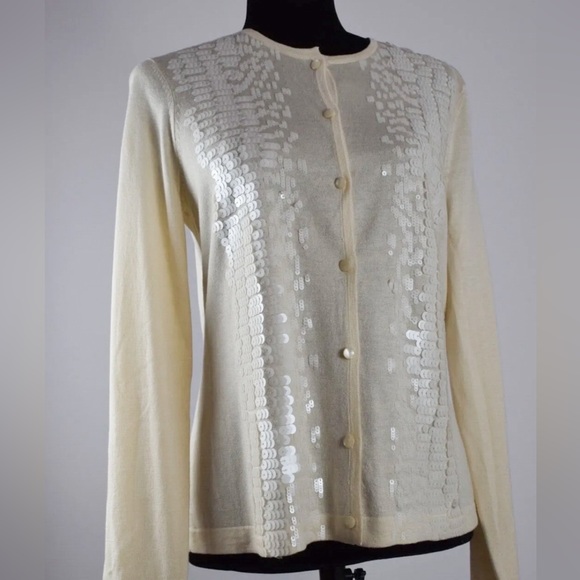 ST JOHN beige sequins silk wool and cashmere button‎ up cardigan sweater
